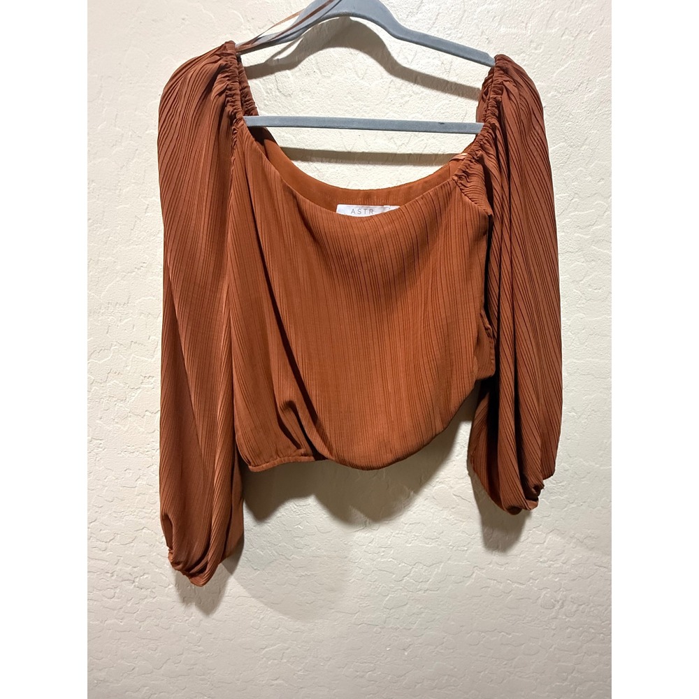 ASTR The Label Rust Brown Plisse Pleated Square Neck Balloon Sleeve Blouse M